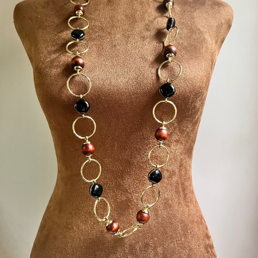 Chico's Long Gold Tone Wood and Black Bead Station Necklace 45" Eclectic